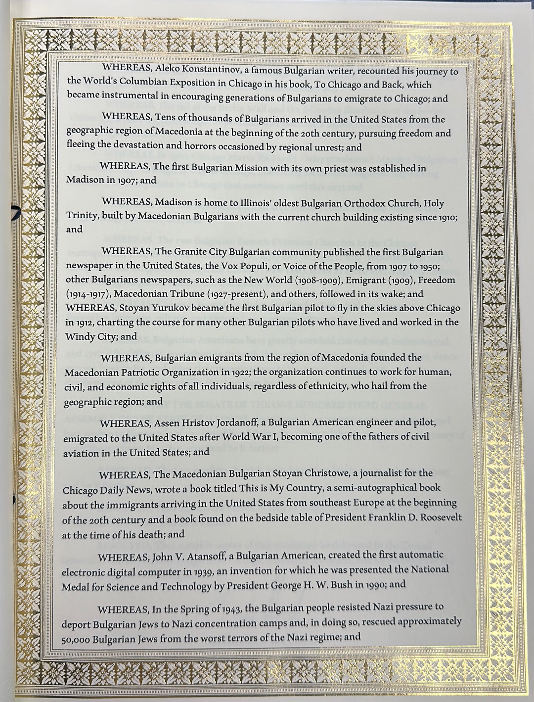 The Illinois Senate adopted a resolution acknowledging March as Bulgarian-American Heritage Month